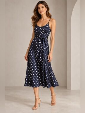 Vintage 90’s BCBG Paris 100% Silk Navy and White Polka Dot Midi Dress   Size 8